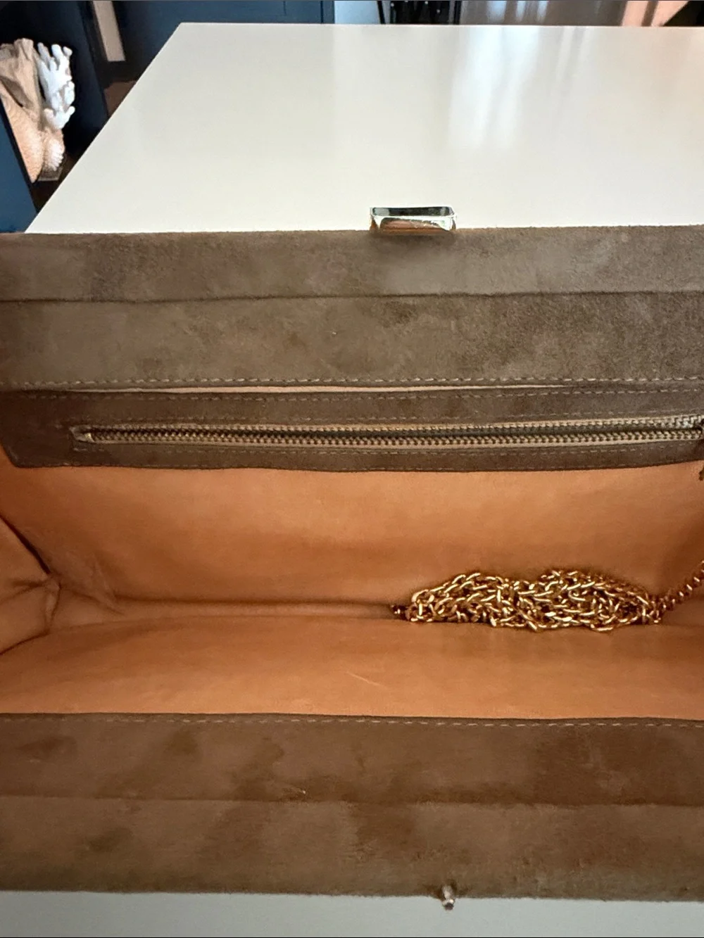 Brown Suede Clutch with Gold Accent